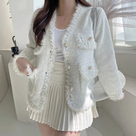 V-Neck Melange Fray Faux Pearl Button Jacket