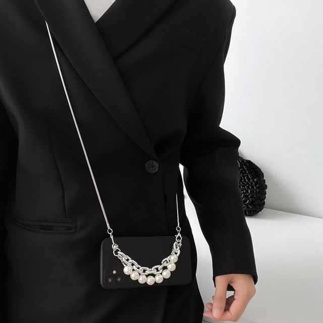 Case Faux / Lanyard Alloy Strap Phone Pearl