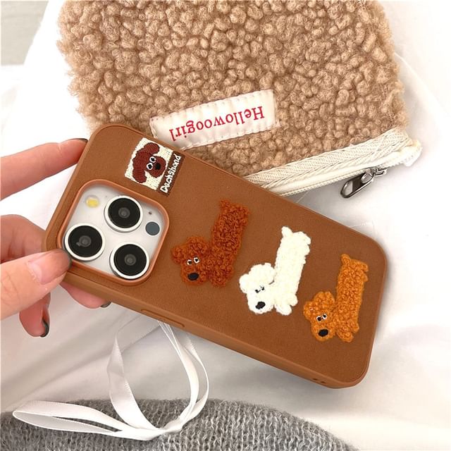 Dog Embroidered Phone Case / Strap / Set - iPhone 16 Pro Max / 16 Pro / 16 Plus / 16 / 15 Pro Max / 15 Pro / 15 Plus / 15 / 14 Pro Max / 14 Pro / 14 Plus / 14 / 13 Pro Max / 13 Pro / 13 / 13 Mini