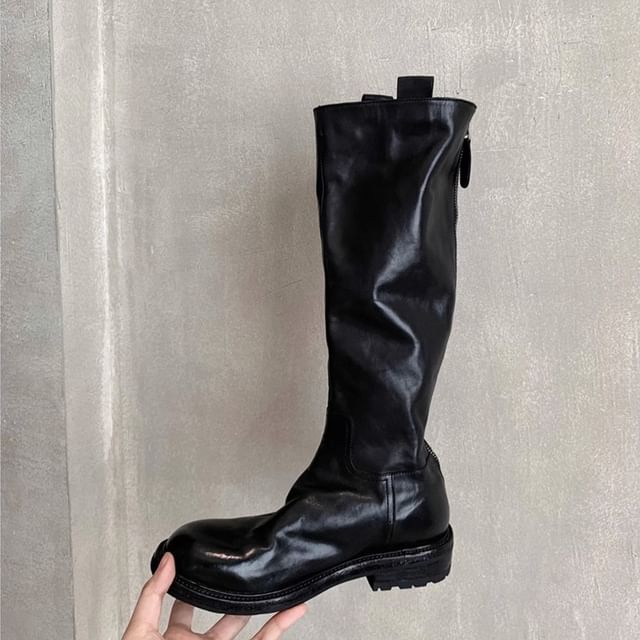 Platform Plain Tall Boots Genuine Zip-Up Leather