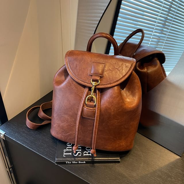 Flap Leather Plain Backpack Faux