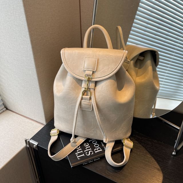 Flap Leather Plain Backpack Faux