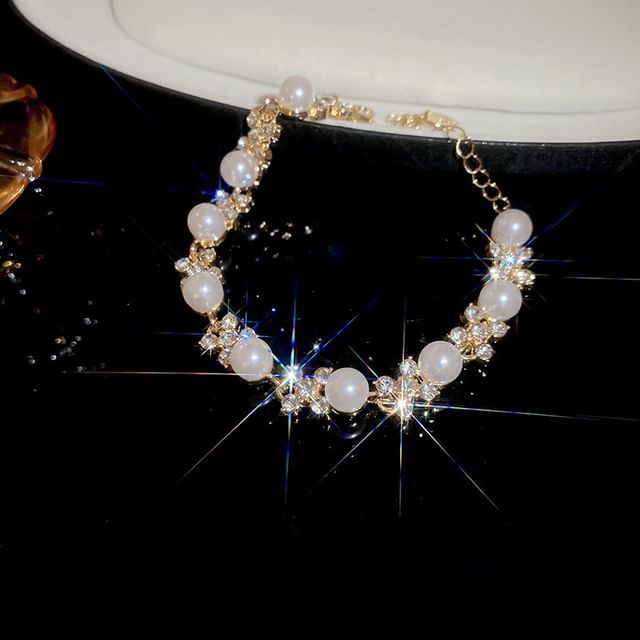 Pearl Faux Earring Bracelet / Drop Necklace Floral Rhinestone Hook