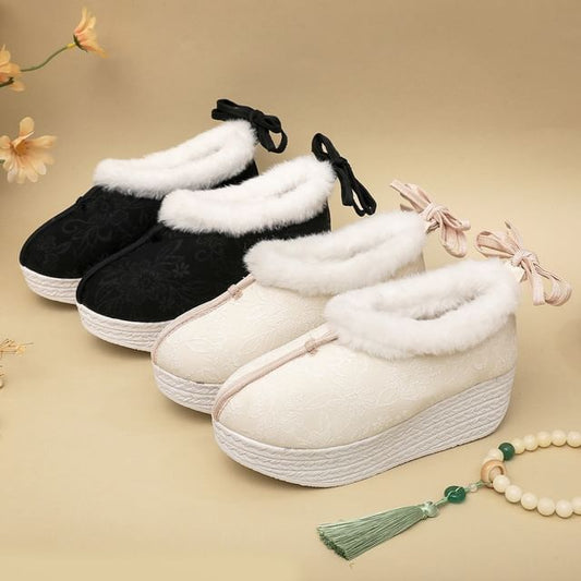 Fleece-Lined Pumps Wedge Platform Bow Heel