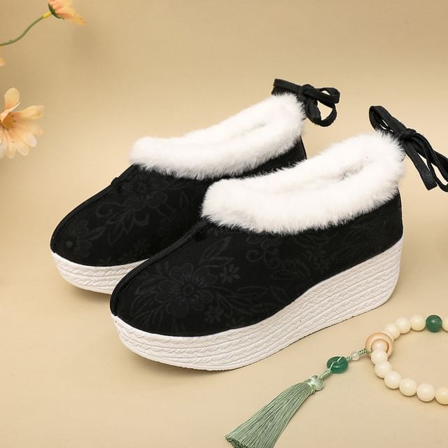Fleece-Lined Pumps Wedge Platform Bow Heel