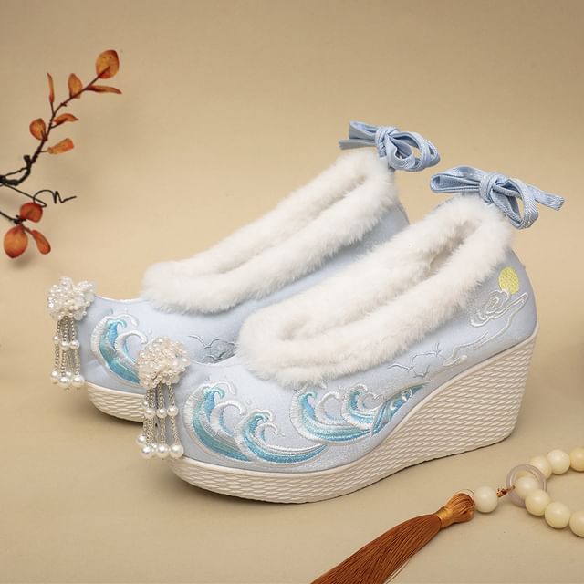 Heel Wedge Pumps Embroidered Fleece-Lined