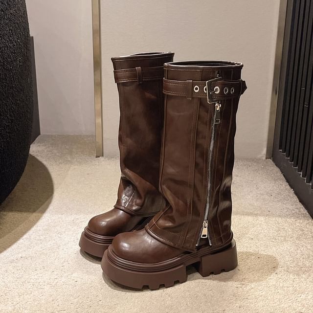 Zip High Platform Boots Knee Buckled Panel
