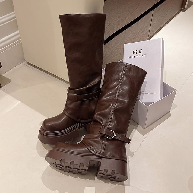 Panel Platform Knee Buckled High Boots