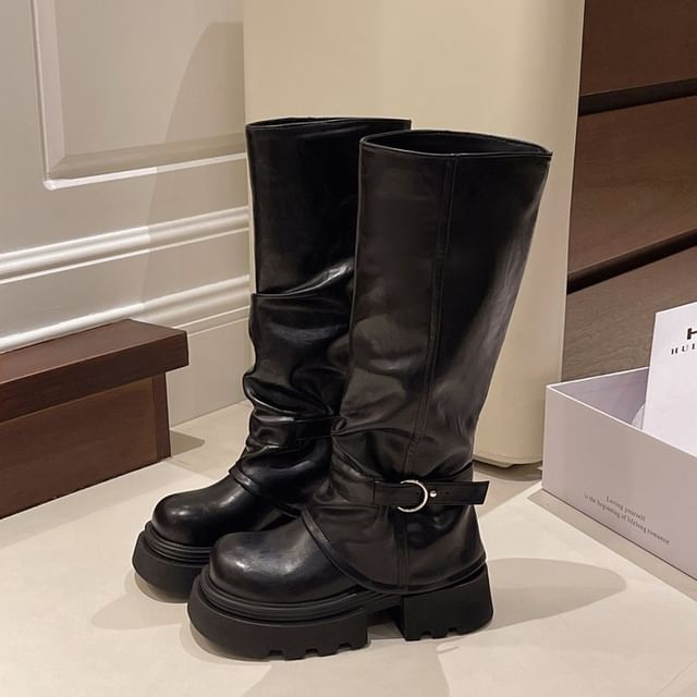 Panel Platform Knee Buckled High Boots