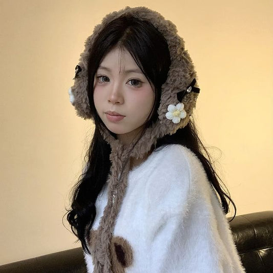Earmuffs Crochet Fluffy Flower Bow