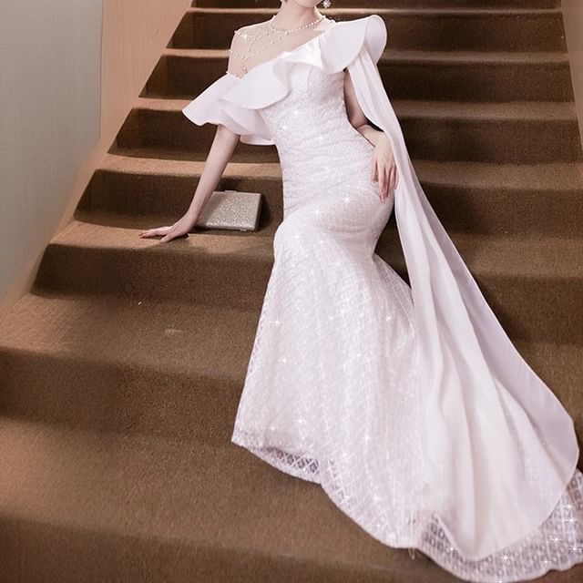 Off Shoulder Asymmetrical Mermaid Evening Gown