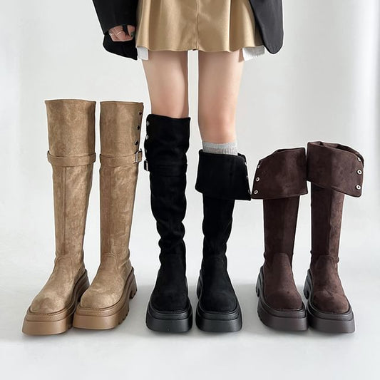 Faux Over The Buckled Knee Boots Button Suede Platform