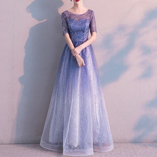 Short-Sleeve Round Neck Gradient Sequin A-Line Evening Gown / Midi Dress