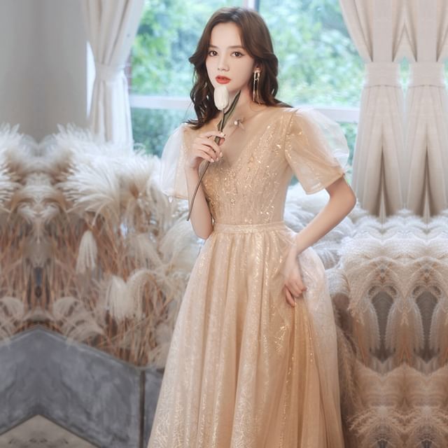 Short-Sleeve Sequin Mesh A-Line Evening Gown