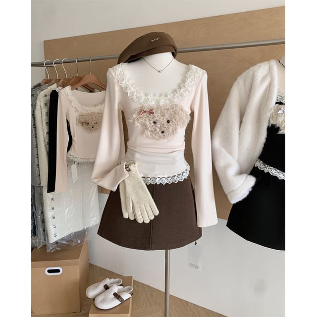 Cartoon Panel Patterned Top Sleeve Neck Scoop Long Ruffle