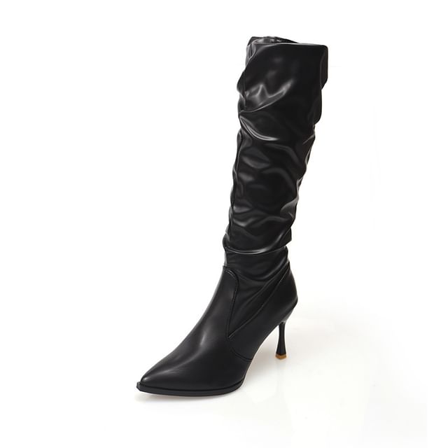 Boots Heel Tall Pointed Toe Plain Faux Leather High