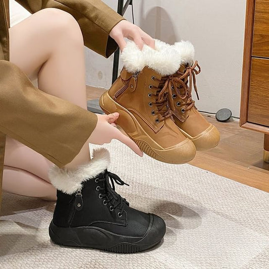 Fluffy Trim Plain Lace-Up Short Boots