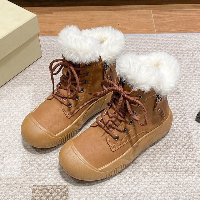 Fluffy Trim Plain Lace-Up Short Boots