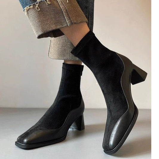 Faux Heel Boots Leather Short Block