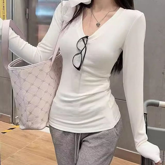 Long-Sleeve V-Neck Plain T-Shirt