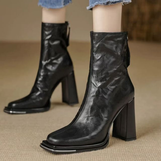 Boots Plain Chunky Heel Short