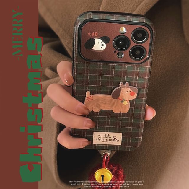 Plaid Pom Case Set Dog Bell Phone Charm /