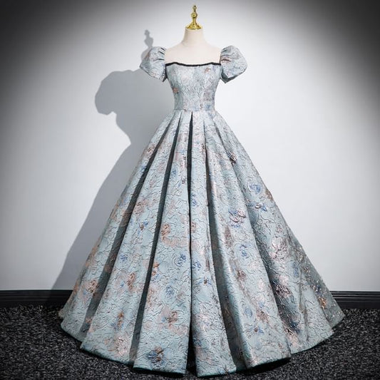 Puff Sleeve Square Neck Pleated Jacquard A-Line Evening Gown