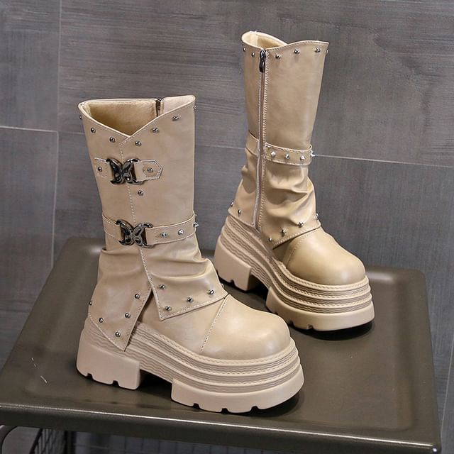Buckle Platform Boots Mid Calf