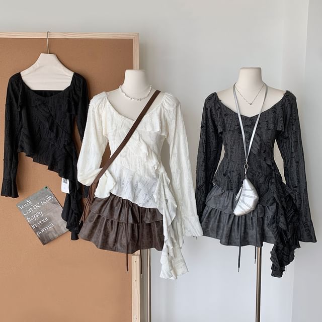 Scoop Asymmetrical Neck Plain Ruffle Top Long-Sleeve Trim