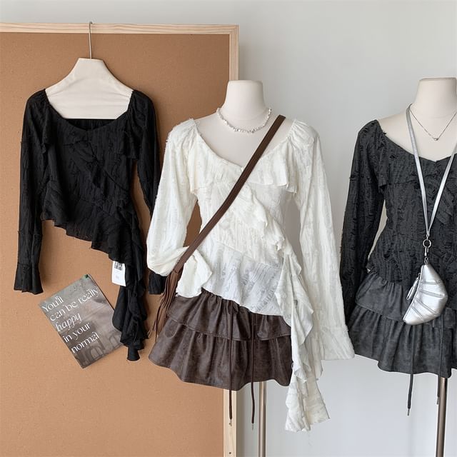 Scoop Asymmetrical Neck Plain Ruffle Top Long-Sleeve Trim