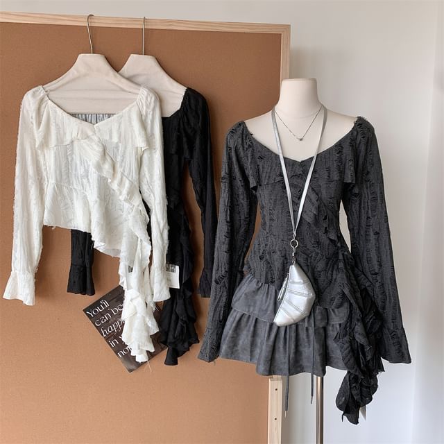 Scoop Asymmetrical Neck Plain Ruffle Top Long-Sleeve Trim