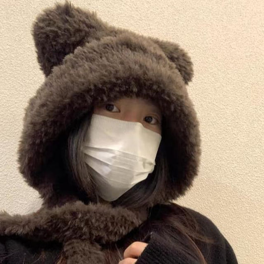 Ribbed Beanie / Ear Bear Plain Hat Fluffy