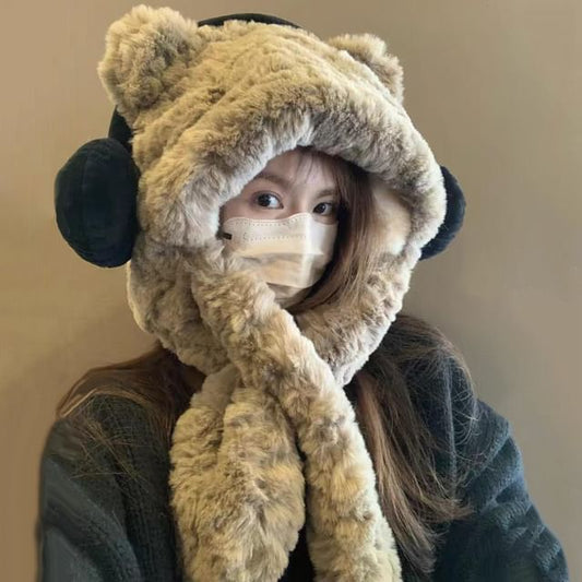 Scarf Bear Beanie Hooded Fluffy Ear / Ribbed