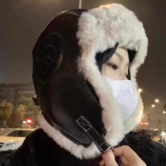 Hat Fluffy / Plain Leather Trapper Faux Panel