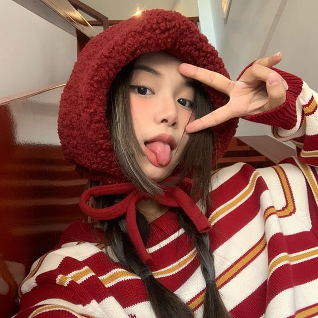 / Tie-Up Fleece Plain Hat Beanie Knit Cable