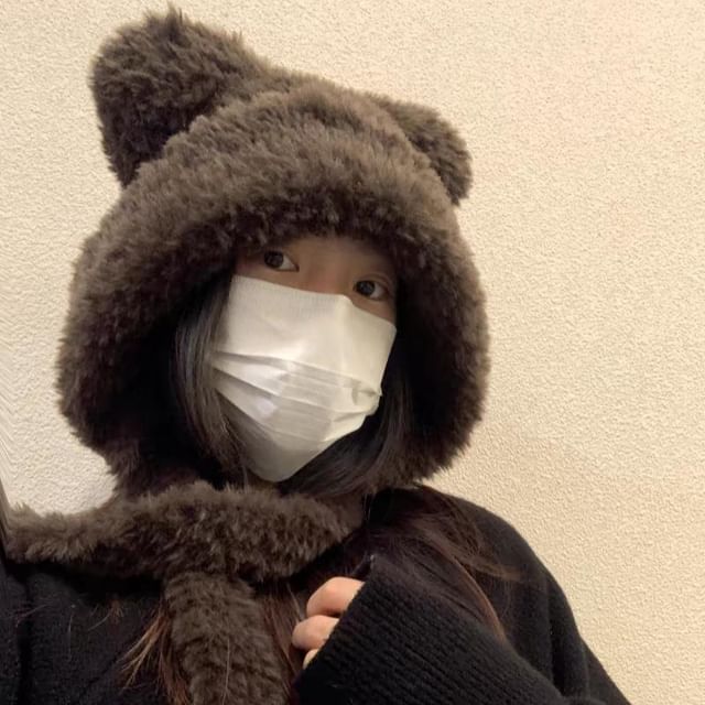 Ribbed Beanie / Ear Bear Plain Hat Fluffy