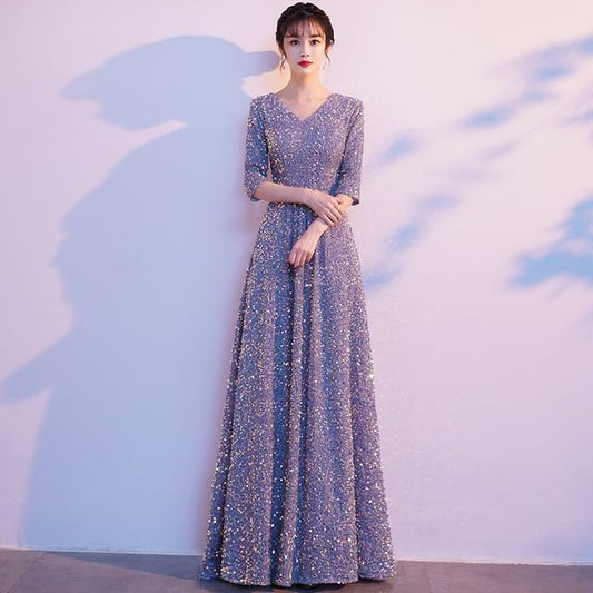 A-Line Sequin Elbow-Sleeve Gown V-Neck Evening