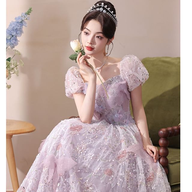 Embroidered A-Line Gown Flower Puff-Sleeve Sequin Evening