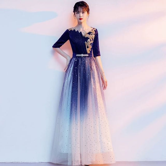 Gown Gradient Flower Elbow-Sleeve A-Line Sequin Embroidered Evening
