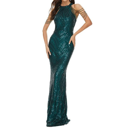 Sequin Beaded Strappy Evening Mermaid Gown Halter
