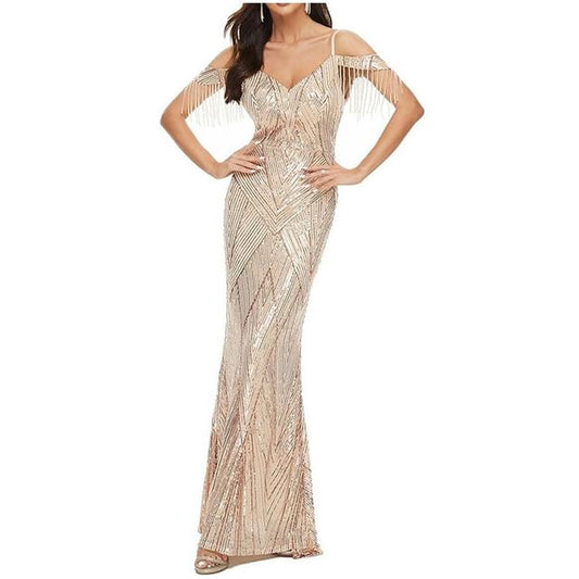 Beaded Gown Sequin Evening Trumpet Cold-Shoulder