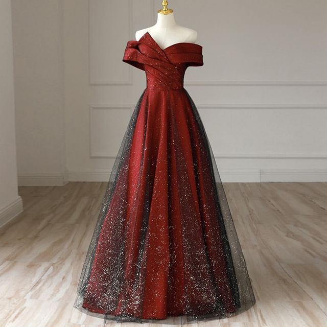 Evening A-Line Asymmetrical Glitter Off-Shoulder Panel Mesh Gown