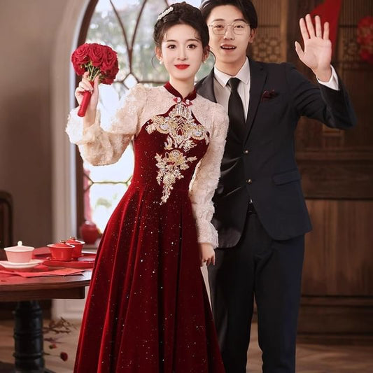 Sequin Gown Puff-Sleeve Flower Embroidered Evening A-Line