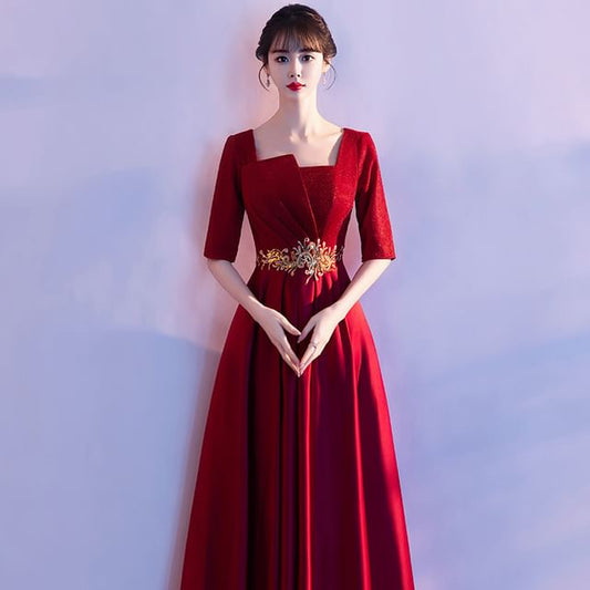 Neck A-Line Square Elbow-Sleeve Evening Embroidered Gown