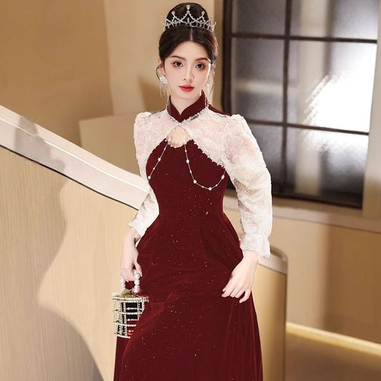 Embroidered Evening Neck Puff-Sleeve Glitter Tone Two Flower A-Line Gown Mock