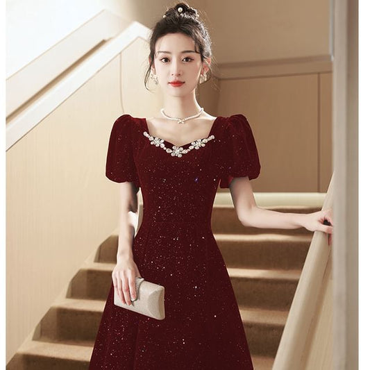 Evening Gown Rhinestone Puff-Sleeve A-Line Sequin