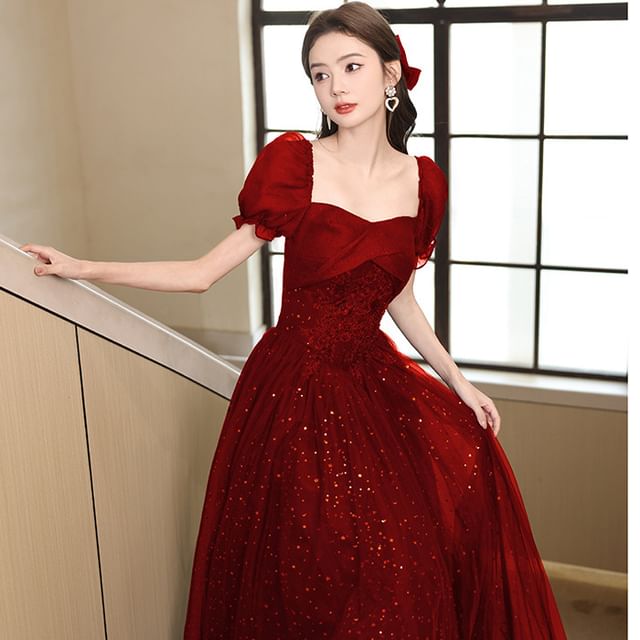 Puff-Sleeve Sequin A-Line Evening Gown