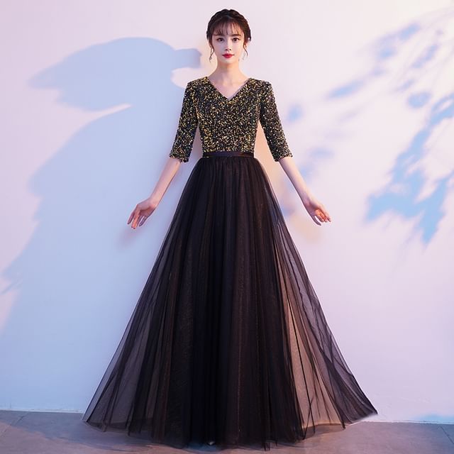 A-Line Sequin Elbow-Sleeve Gown V-Neck Evening