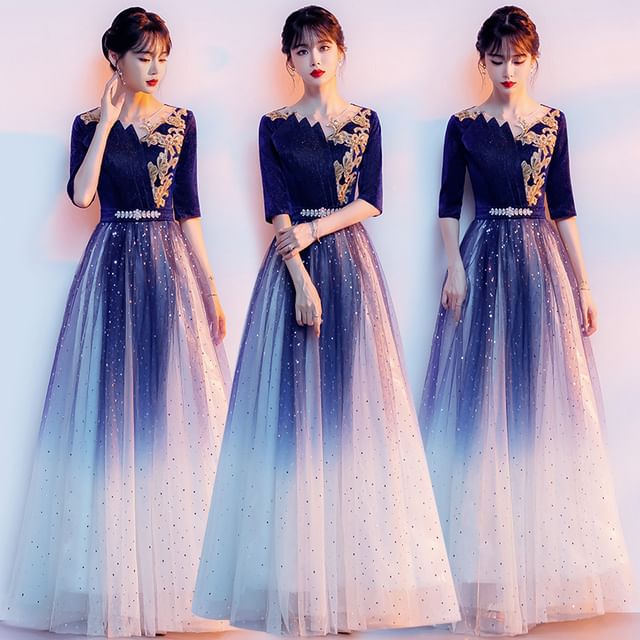 Gown Gradient Flower Elbow-Sleeve A-Line Sequin Embroidered Evening