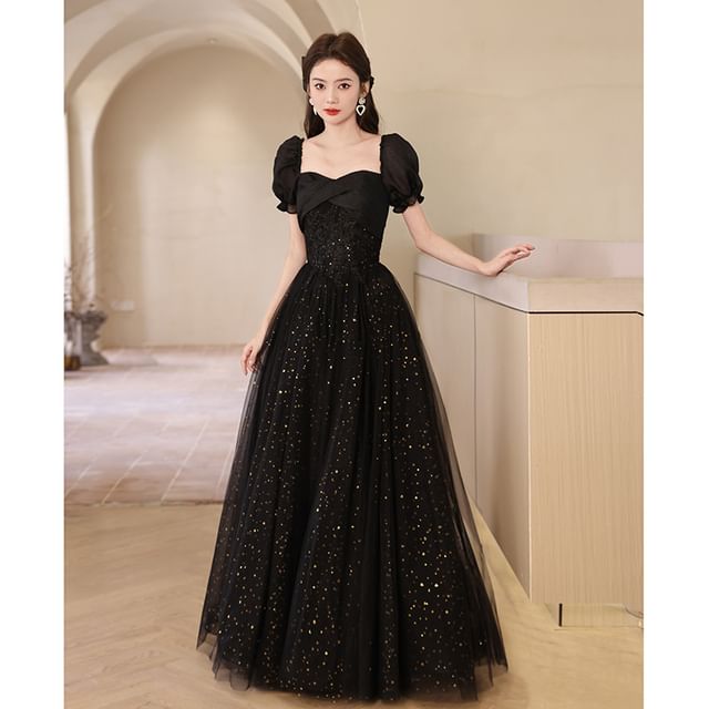 Puff-Sleeve Gown Evening Sequin A-Line